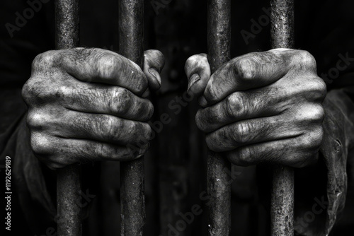 Obraz na płótnie Wrinkled hands gripping metal bars of jail cell. Male prisoner in prison. Victim in captivity. Sense of despair and confinement w salonie