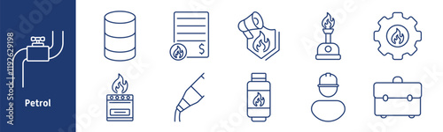 Petrol set icon. Fuel valve, oil tank, financial report, flammable material, gas stove, fuel nozzle, gas bottle, worker, briefcase