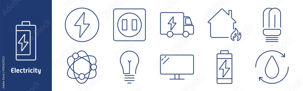 Fototapeta premium Electricity set icon. Battery, lightning symbol, power socket, delivery truck, electric house, fluorescent bulb, molecule, monitor, energy cycle