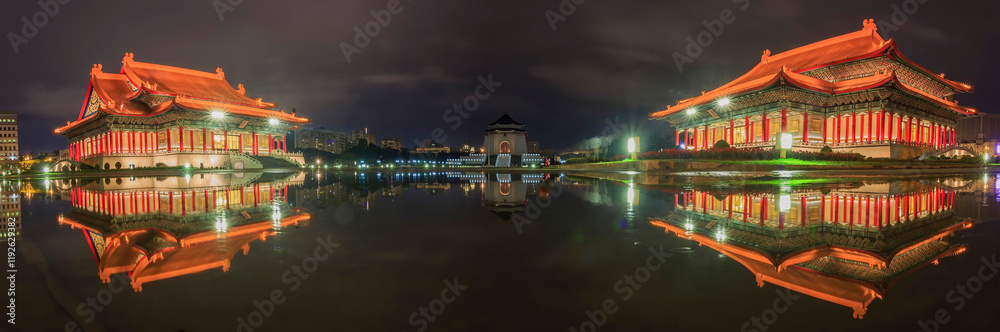 Night view of the famous National Concert Hall with reflection
