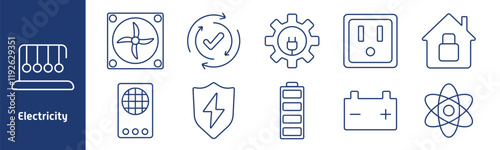 Electricity set icon. Pendulum energy, ventilation, renewable cycle, plug gear, socket, locked house, battery, generator, atom