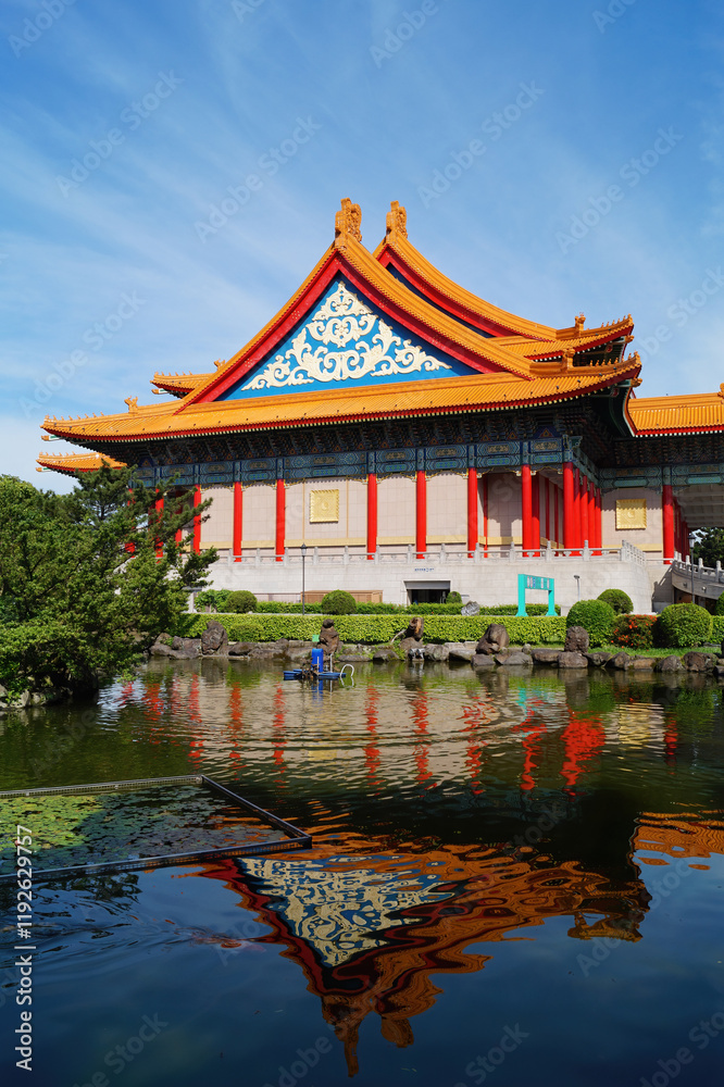 Daytime view of the famous National Concert Hall with reflection