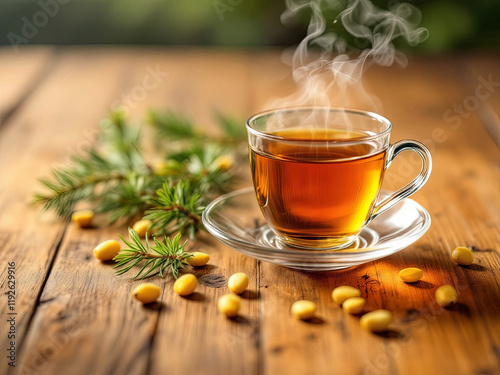 a drink made of pine needles in a cup with green fir needles on a background of pine needles close-up