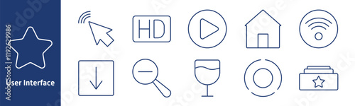 User interface set icon. Star, cursor, HD, play, home, Wi-Fi, download, search, circle, wine glass, folder, favorite, navigation, control