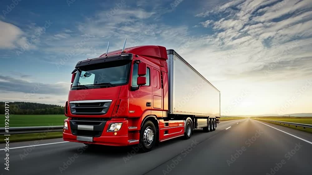 Dynamic red truck journeying on scenic highway at sunset Dynamic red truck journeying on scenic highway at sunset