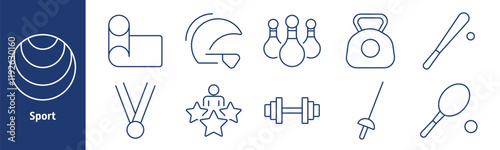 Sport set icon. Bowling, gymnastics, kettlebell, dumbbell, baseball bat, fencing, award, medal, athlete, training, fitness, recreation