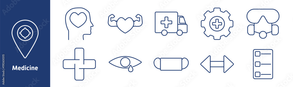 Medicine set icon. Heart in head, strong heart, ambulance, medical gear, goggles, cross symbol, eye tear, capsule, medical chart, emergency care, healthcare services Medicine set icon. Heart in head, strong heart, ambulance, medical gear, goggles, cross symbol, eye tear, capsule, medical chart, emergency care, healthcare services