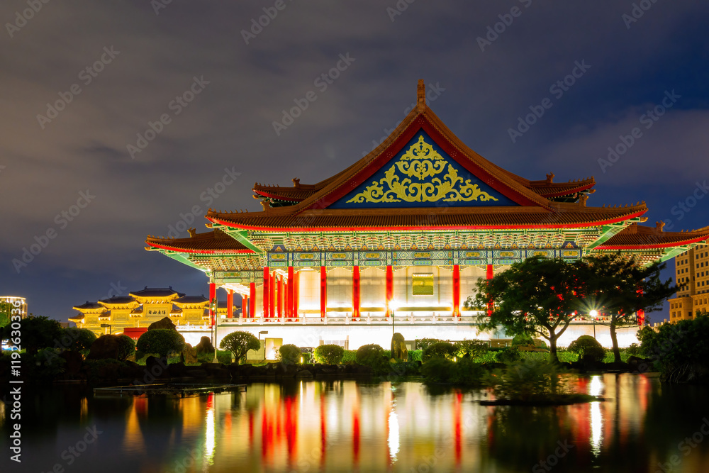 Night view of the famous National Concert Hall with reflection