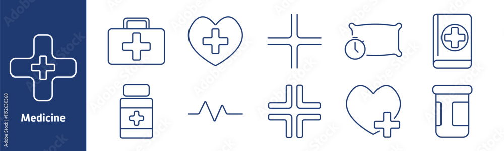 Medicine set icon. First aid kit, heart with cross, pills, heartbeat, timer, book, cross symbol, medication bottle, healthcare, safety Medicine set icon. First aid kit, heart with cross, pills, heartbeat, timer, book, cross symbol, medication bottle, healthcare, safety