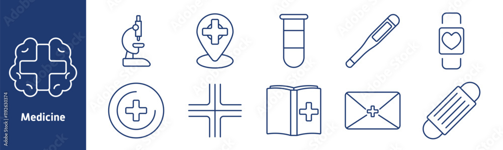 Medicine set icon. Microscope, location pin, test tube, thermometer, smartwatch with heart, cross symbol, medical book, letter with cross, face mask, analysis Medicine set icon. Microscope, location pin, test tube, thermometer, smartwatch with heart, cross symbol, medical book, letter with cross, face mask, analysis