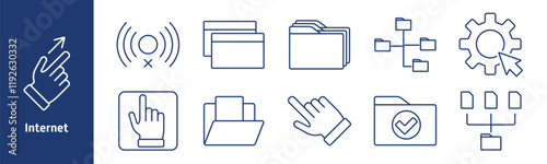 Internet set icon. Hand gesture, connection error, folder management, network structure, gear with cursor, file organization, checked folder, digital hierarchy, system interface