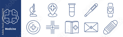 Medicine set icon. Microscope, location pin, test tube, thermometer, smartwatch with heart, cross symbol, medical book, letter with cross, face mask, analysis