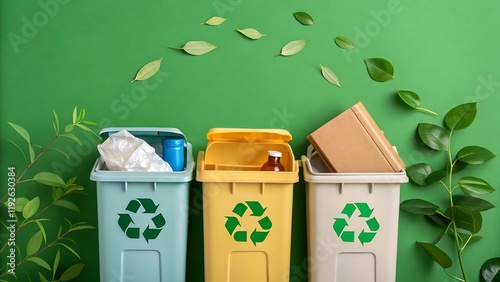 Trash Recycling. Garbage recycling and conservation container on green background with copy space.