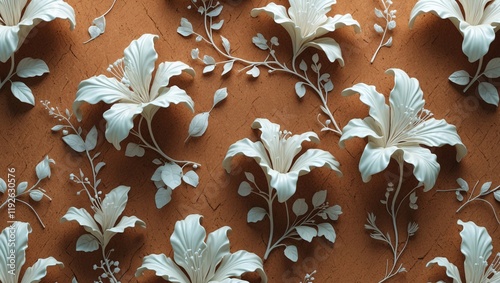 Delicate white floral patterns against a warm, earthy background showcasing intricate detailing and craftsmanship in a decorative design context