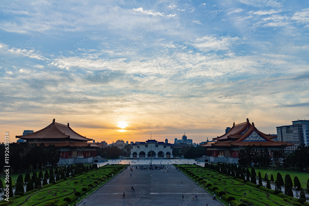Sunset view of the famous Liberty Square Arch National Concert Hall