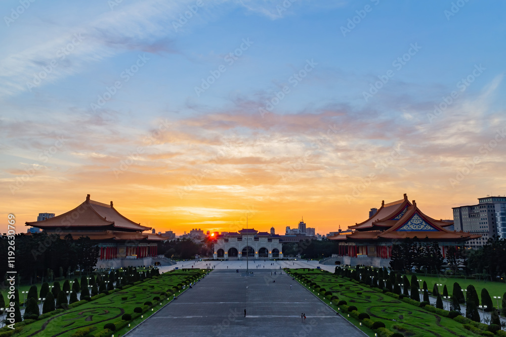 Sunset view of the famous Liberty Square Arch National Concert Hall