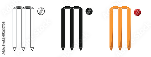 cricket stumps set design, line style, solid and colored, editable vector eps 10.