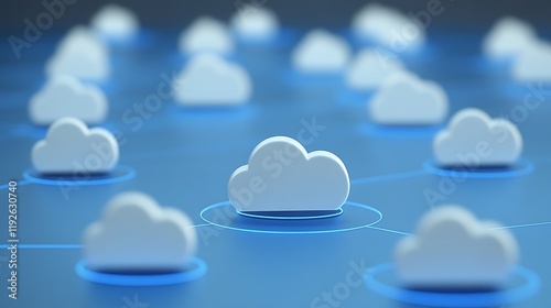 Abstract Representation of Cloud Technology with Digital Icons Connected by Neon Circles on Blue Background