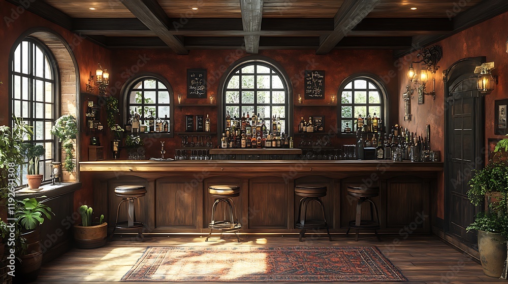 Fototapeta premium Vintage bar with wooden furniture, arched windows, and a variety of bottles