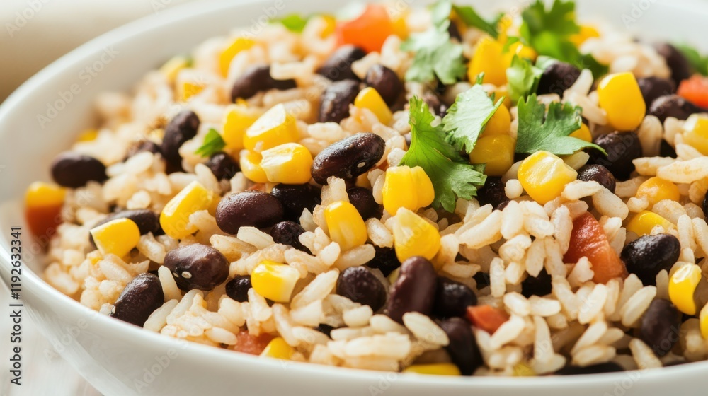 Close-up of a bowl of rice with black beans and corn on a modern white plate, highlighting a vibrant, healthy, and colorful vegetarian meal. Ideal for health-focused recipes and food blogs. Close-up of a bowl of rice with black beans and corn on a modern white plate, highlighting a vibrant, healthy, and colorful vegetarian meal. Ideal for health-focused recipes and food blogs.