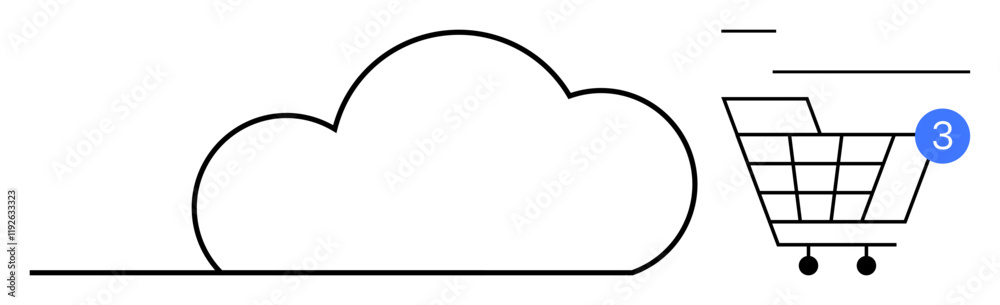 Obraz premium Cloud icon connected to a shopping cart with a notification badge showing the number three. Ideal for online shopping, cloud computing, e-commerce, notifications, tech services, cloud storage. Line