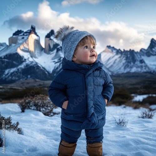 Adorable Toddler Exploring Snowy Mountain Landscape