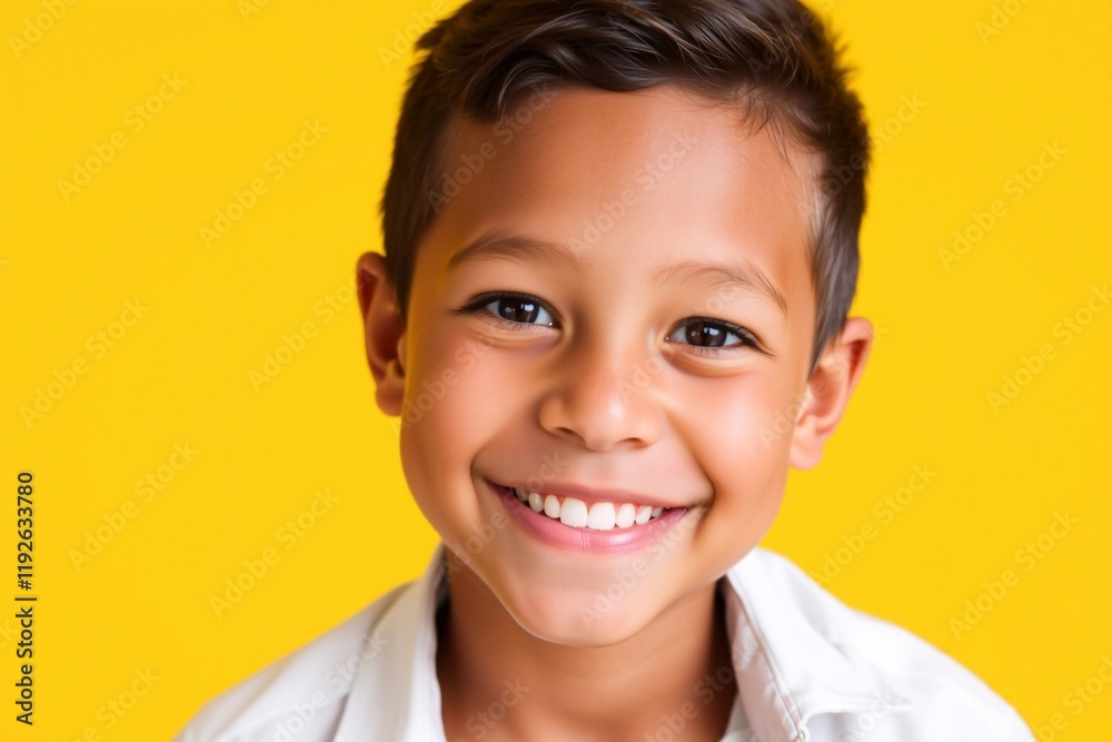 Happy boy in white shirt smiling looking at camera on yellow background Happy boy in white shirt smiling looking at camera on yellow background