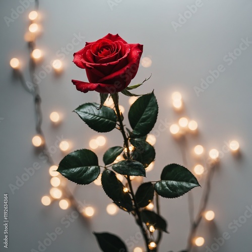 A red rose surrounded by glowing fairy lights on a white surface.

