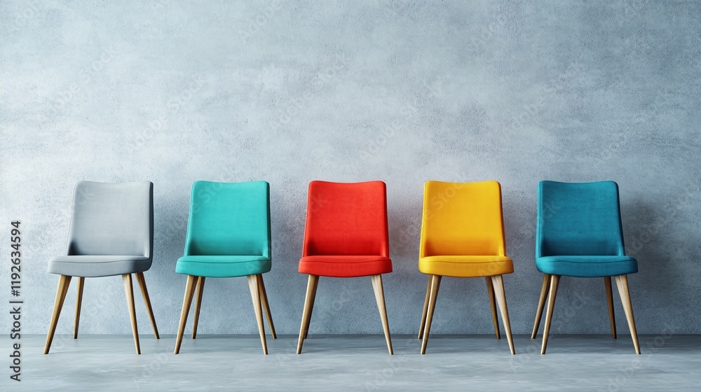 Obraz premium Colorful Modern Chairs Against Textured Gray Wall Interior Design