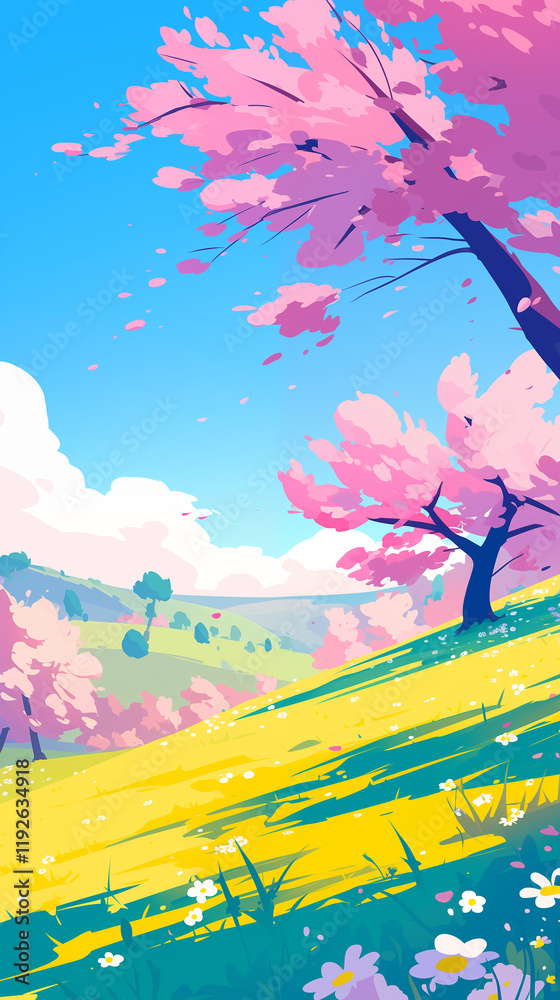 Beautiful cartoon spring landscape illustration background