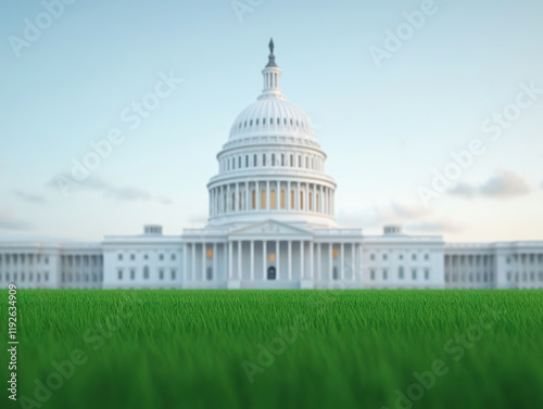United States Capitol building with foreground of green grass under clear sky