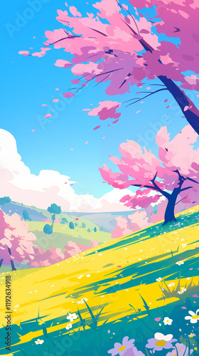 Obraz na płótnie Beautiful cartoon spring landscape illustration background
w salonie