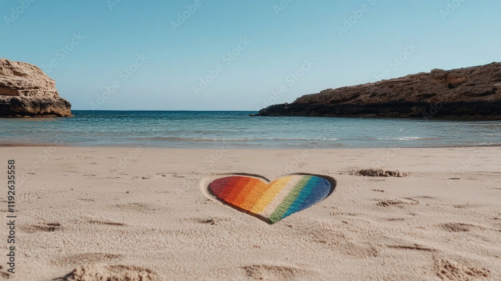 Valentine heart trans LGBT Love. Colorful heart made of sand on a beach with a serene ocean backdrop under a clear sky. Valentine heart trans LGBT Love. Colorful heart made of sand on a beach with a serene ocean backdrop under a clear sky.