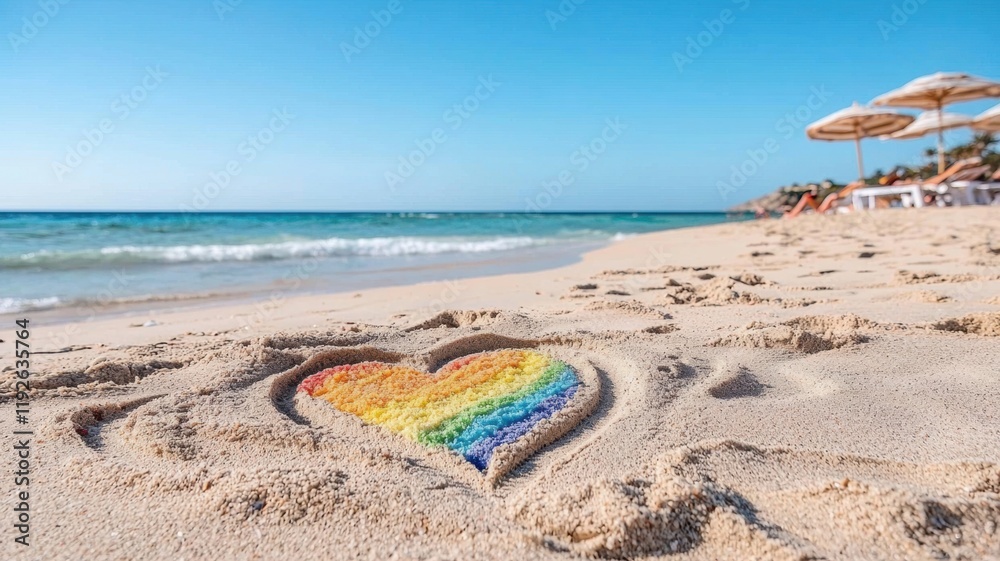 Valentine heart trans LGBT Love. A colorful heart drawing in the sand on a sunny beach by the ocean. Valentine heart trans LGBT Love. A colorful heart drawing in the sand on a sunny beach by the ocean.