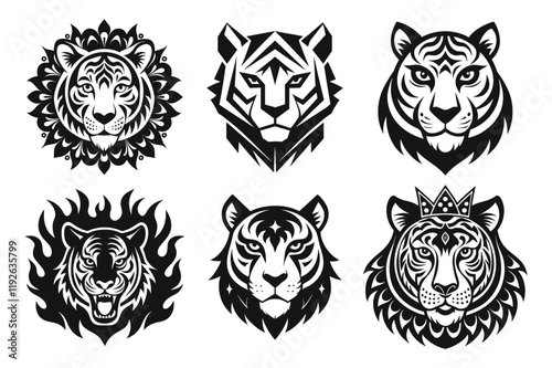 collection of tiger head logo design vector illustration, tiger head silhouette art, tiger head logo bundle