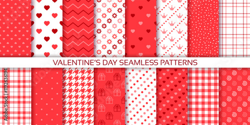 Valentine seamless pattern with hearts. Love geometric backgrounds. Hearted prints for wrapping papers. Set cute red backdrops. Collection girly textures. Vector illustration. Romantic scrap design  