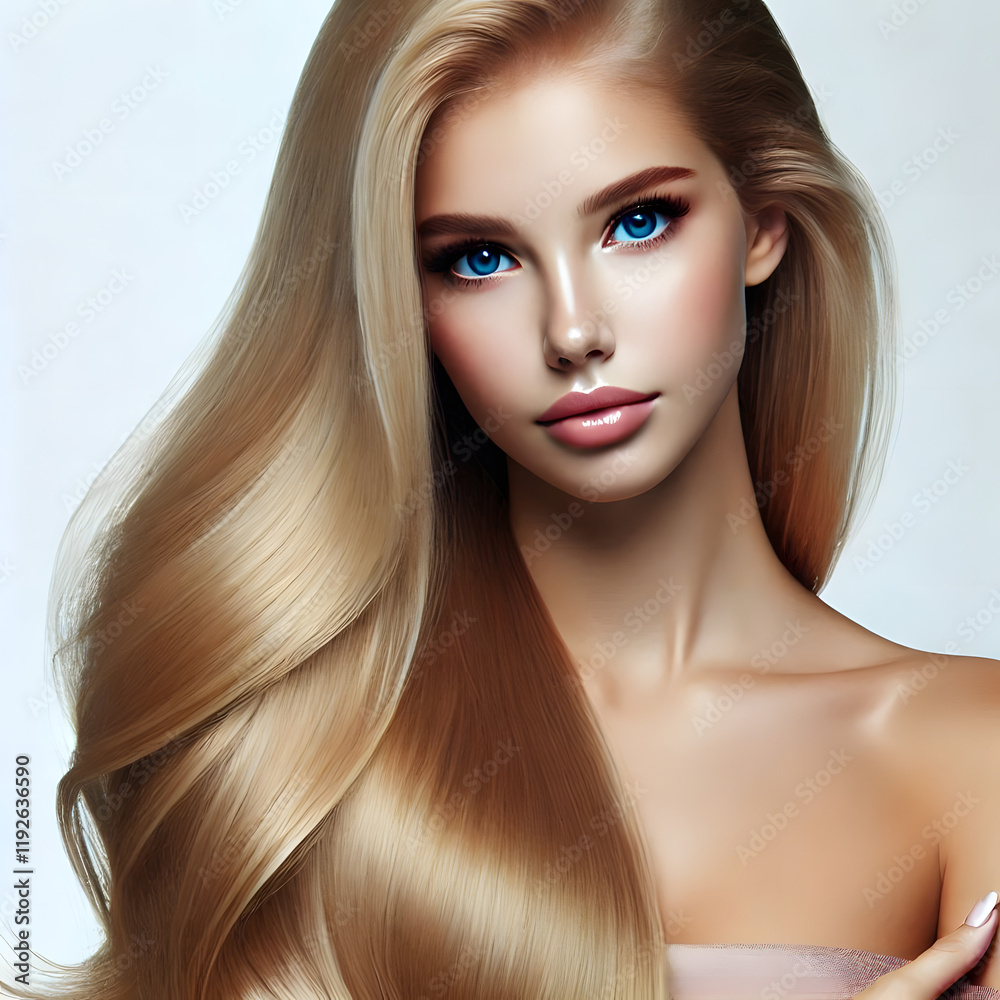 Fototapeta premium A blond girl with long shiny hair on a white background