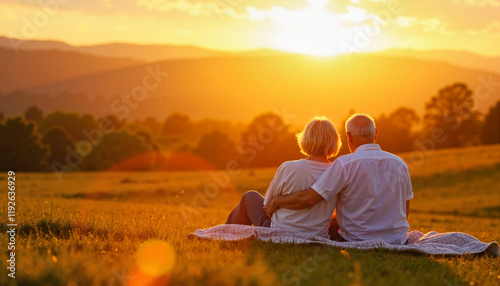 Older couple enjoying sunset on blanket in rolling hills, serene love