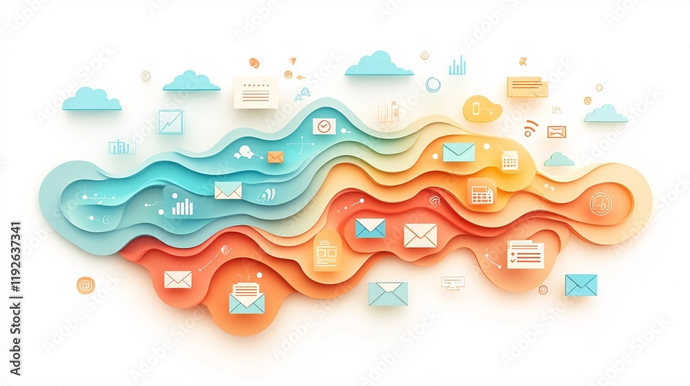 Naklejka premium Colorful Wave Design with Email Icons and Data Visualization Elements