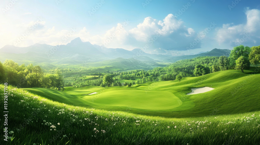 Fototapeta premium perfect pristine golf course surrounded by lush greenery and mountains, showcasing serene landscape with vibrant grass and soft clouds in sky