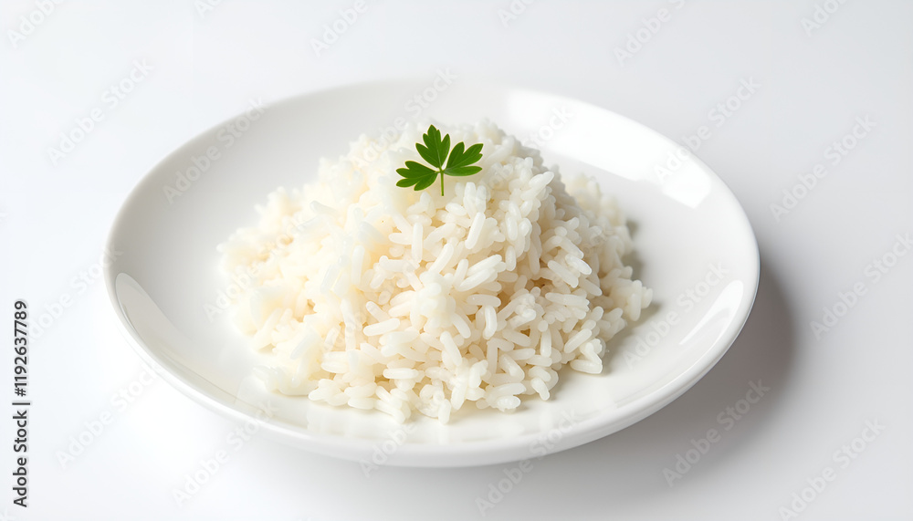Steamed rice with a parsley garnish served on a clean white plate for food presentation Steamed rice with a parsley garnish served on a clean white plate for food presentation