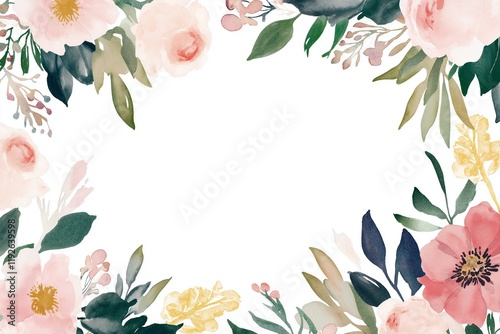 watercolor paint of Floral boarder frame isolated on white background