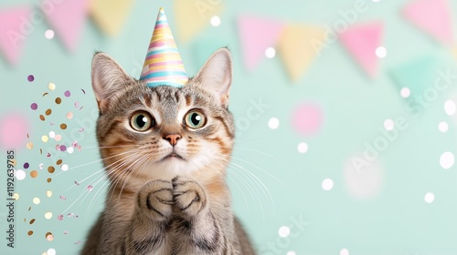 A wide-eyed Bengal cat wearing a striped party hat, sitting against a pastel green background adorned with colorful confetti and bunting flags with copy space for text