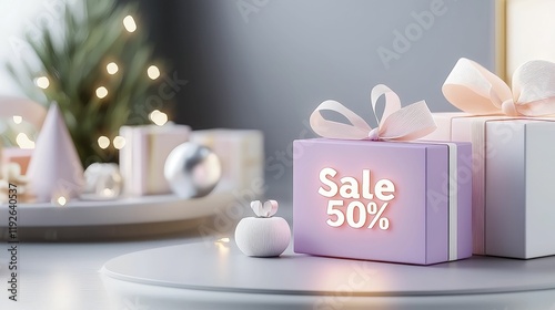 Sale 50% Neon Light Festive gifts with sale signs for holiday promotions.