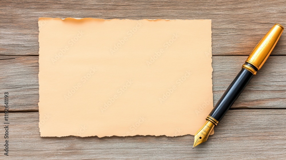 Elegant Blank Paper and Pen on Rustic Wooden Background Elegant Blank Paper and Pen on Rustic Wooden Background