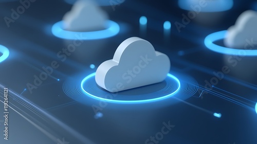 Digital Cloud Computing Concept with Innovative Technology and Bright Neon Circles on Futuristic Background