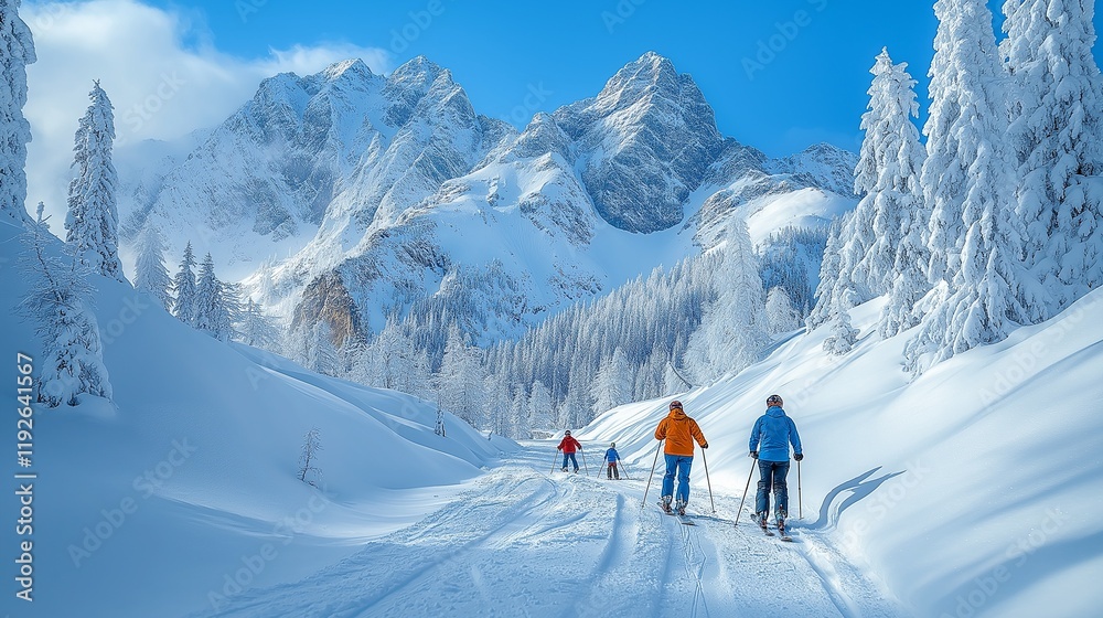 A joyful family skiing together down a snowy slope, all dressed in colorful winter gear with a bright blue sky and mountains in the background A joyful family skiing together down a snowy slope, all dressed in colorful winter gear with a bright blue sky and mountains in the background