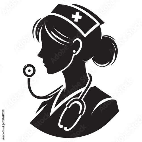 Nurse Silhouette Vector Illustration, Solid White Background.