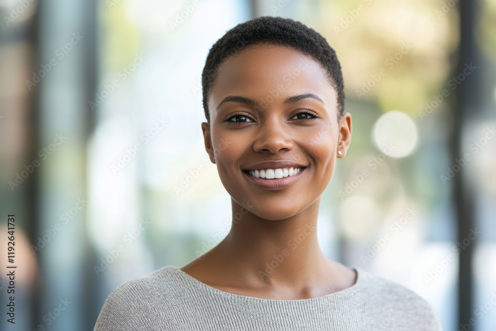 confident woman with short hair smiles warmly, showcasing her bright personality in professional setting. background features soft bokeh, enhancing positive atmosphere confident woman with short hair smiles warmly, showcasing her bright personality in professional setting. background features soft bokeh, enhancing positive atmosphere