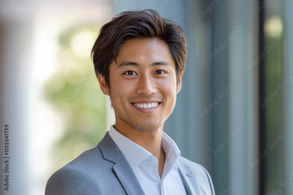 professional portrait of smiling man in gray suit, showcasing confidence and approachability in modern setting professional portrait of smiling man in gray suit, showcasing confidence and approachability in modern setting